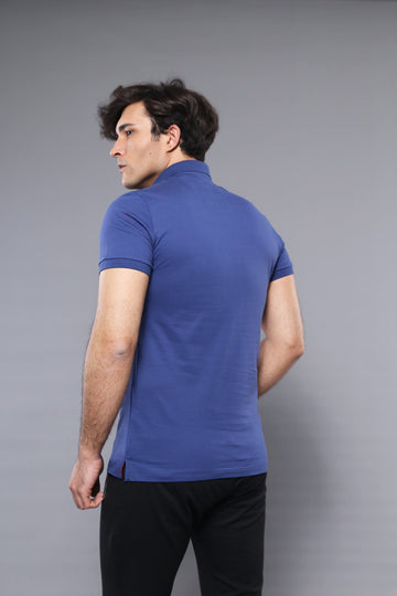 Men's Indigo Blue Plain Slim Fit Polo T-Shirt | Wessi