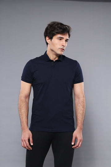 Men's Navy Blue Plain Slim Fit Polo T-Shirt | Wessi