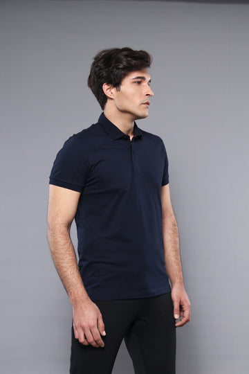 Men's Navy Blue Plain Slim Fit Polo T-Shirt | Wessi