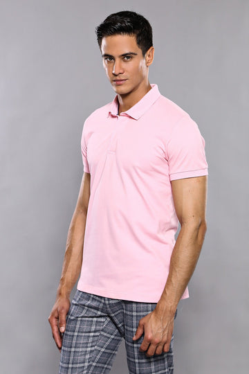 Men's Pink Plain Slim Fit Polo T-Shirt | Wessi