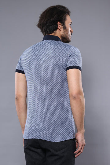 Men's Blue Patterned Slim Fit Polo T-Shirt | Wessi