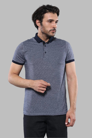 Men's Navy Blue Patterned Slim Fit Polo T-Shirt | Wessi