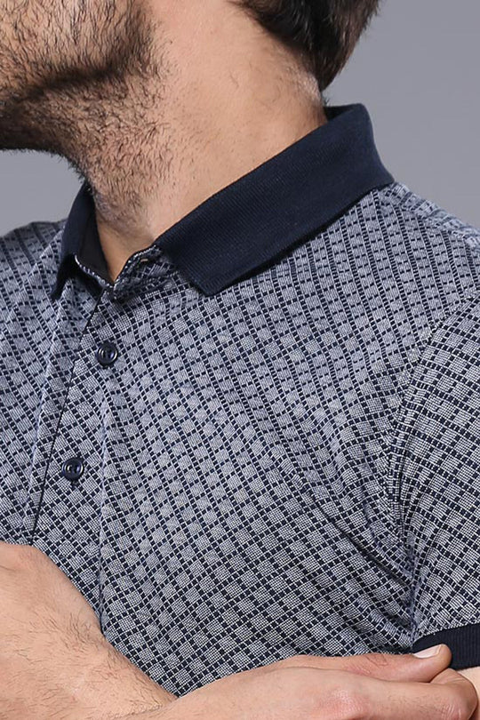 Men's Navy Blue Patterned Slim Fit Polo T-Shirt | Wessi