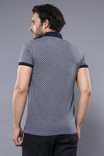 Men's Navy Blue Patterned Slim Fit Polo T-Shirt | Wessi