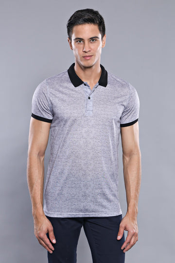 Slim Fit Grey Floral Print Polo Neck T-Shirt — Wessi