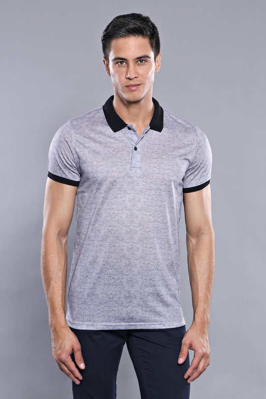 Slim Fit Grey Floral Print Polo Neck T-Shirt — Wessi