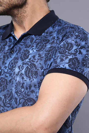 Men's Blue Floral Print Slim Fit Polo T-Shirt | Wessi