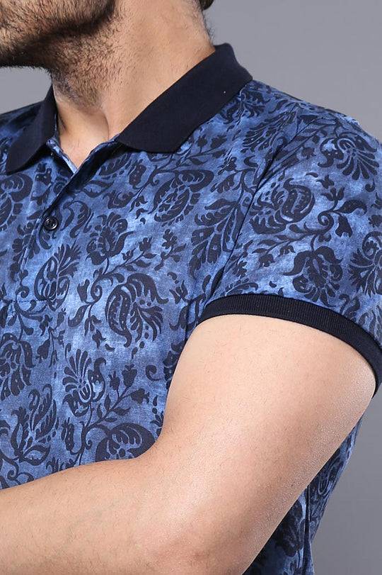 Men's Blue Floral Print Slim Fit Polo T-Shirt | Wessi