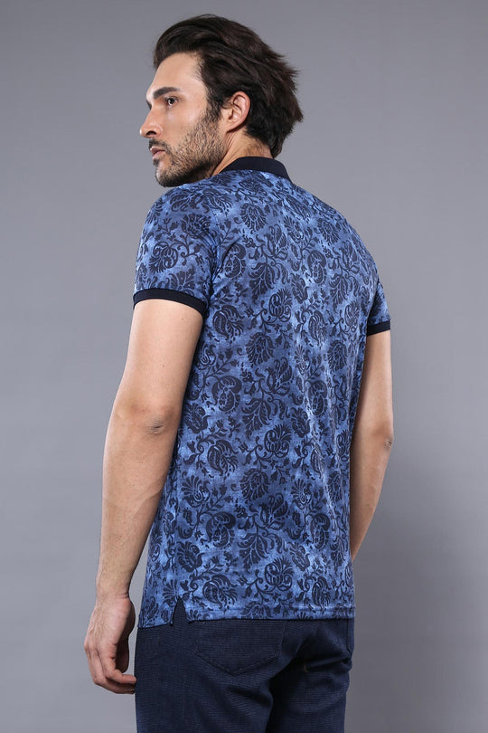 Men's Blue Floral Print Slim Fit Polo T-Shirt | Wessi