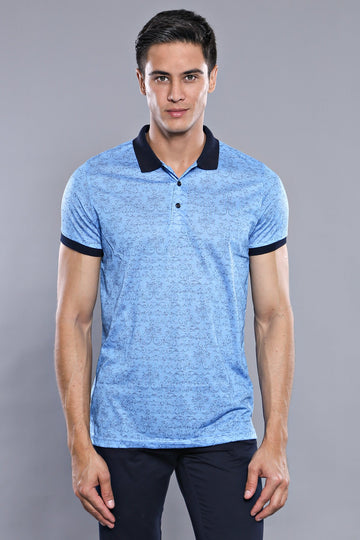 Slim Fit Turquoise Floral Print Polo Neck T-Shirt — Wessi