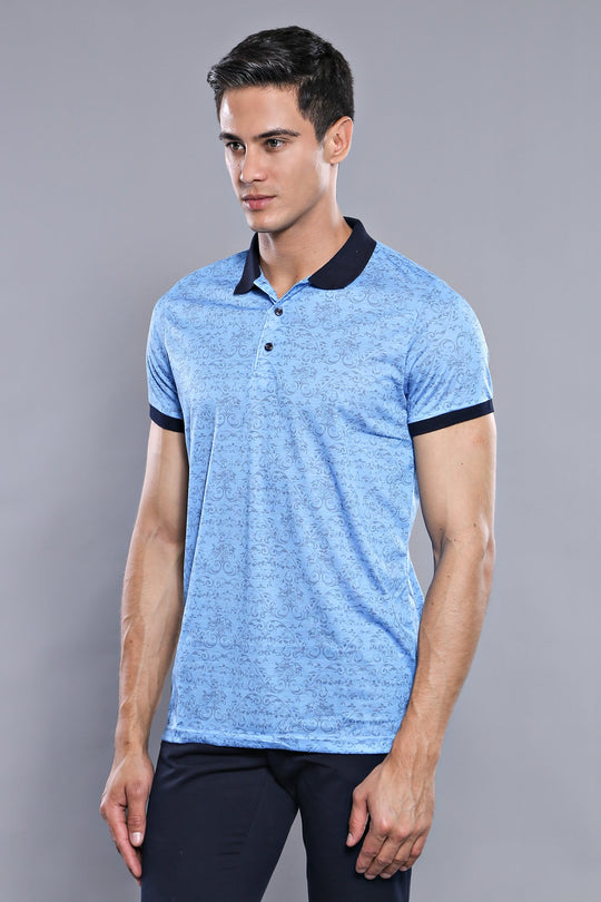 Slim Fit Turquoise Floral Print Polo Neck T-Shirt — Wessi