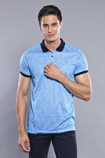 Slim Fit Turquoise Floral Print Polo Neck T-Shirt — Wessi