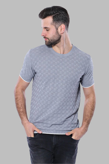 Grey Patterned Tricot Knitted T-Shirt | Wessi