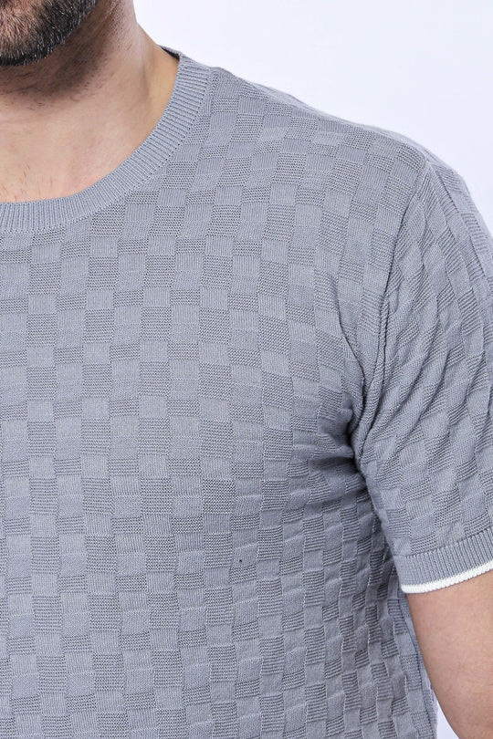 Grey Patterned Tricot Knitted T-Shirt | Wessi