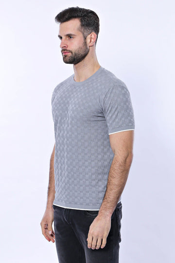 Grey Patterned Tricot Knitted T-Shirt | Wessi