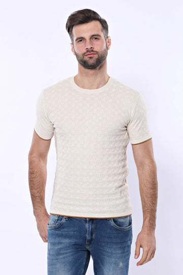 Cream Patterned Tricot Knitted T-Shirt | Wessi