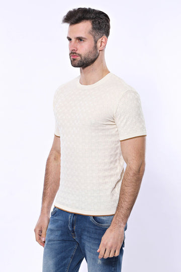 Cream Patterned Tricot Knitted T-Shirt | Wessi