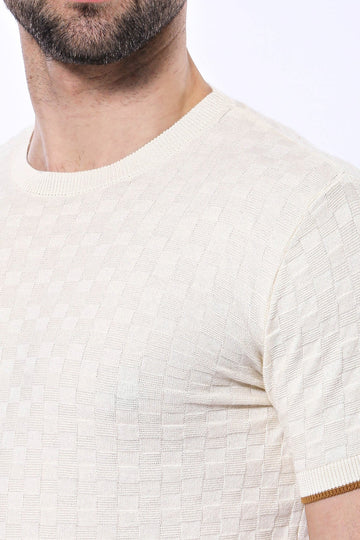 Cream Patterned Tricot Knitted T-Shirt | Wessi