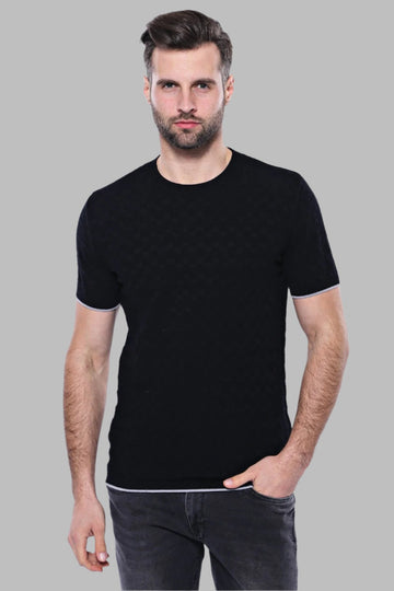 Patterned Tricot Knitted Black Men T-Shirt | Wessi