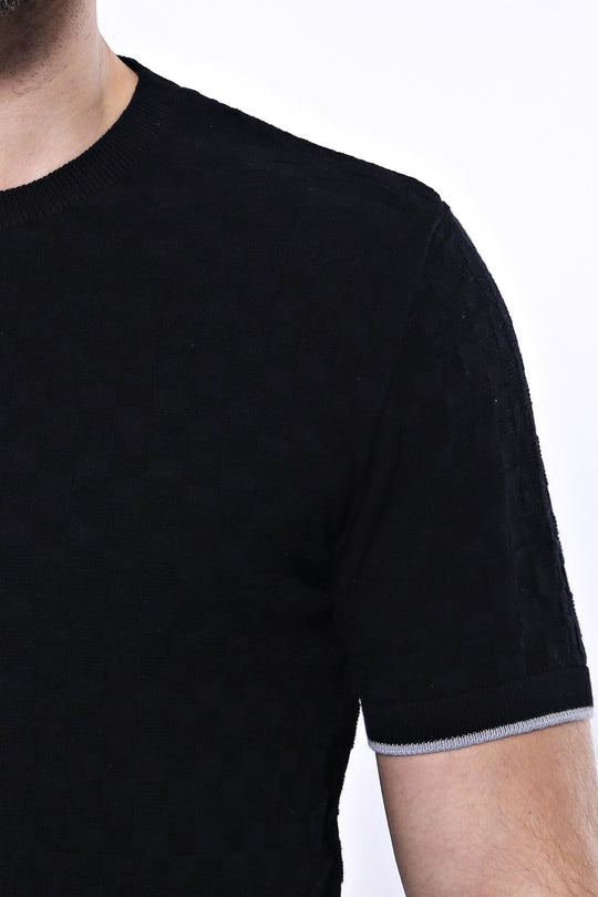 Patterned Tricot Knitted Black Men T-Shirt | Wessi