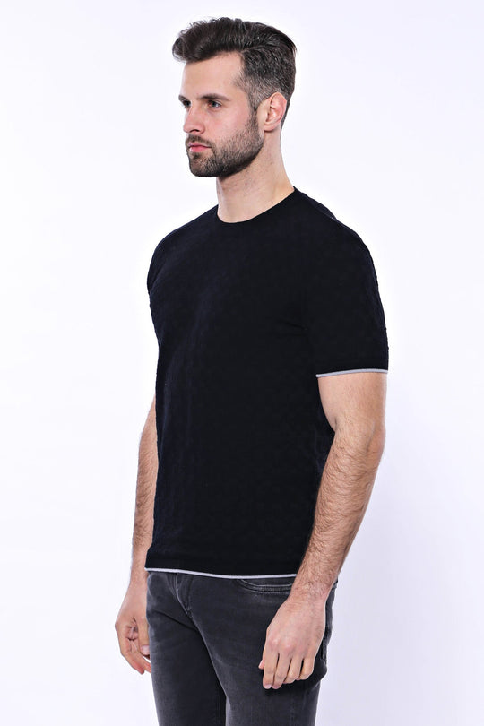 Patterned Tricot Knitted Black Men T-Shirt | Wessi