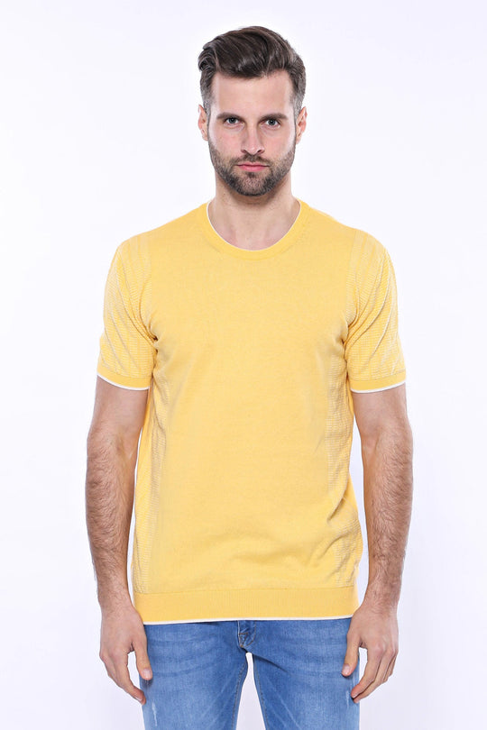 Slim Fit Mustard Yellow Patterned Crew Neck Knitted T-Shirt — Wessi