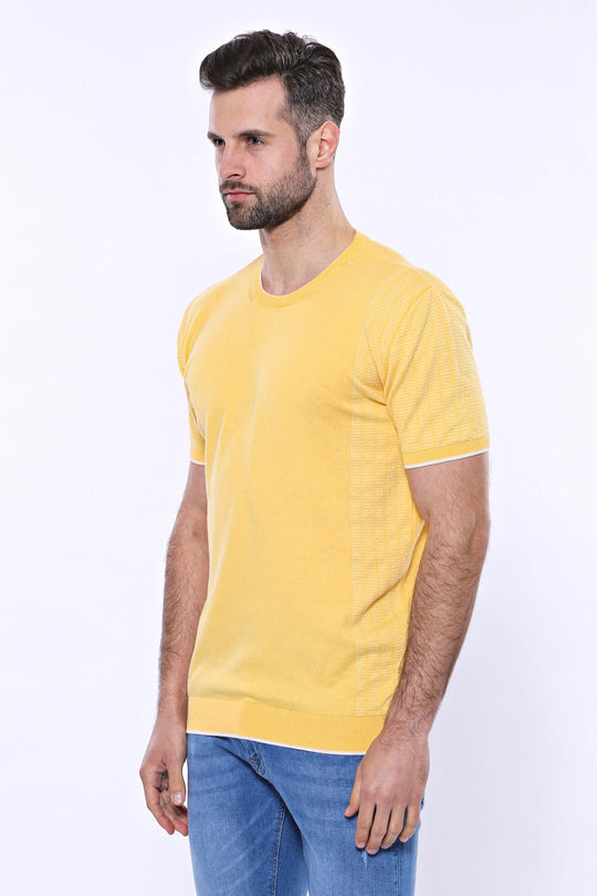 Slim Fit Mustard Yellow Patterned Crew Neck Knitted T-Shirt — Wessi