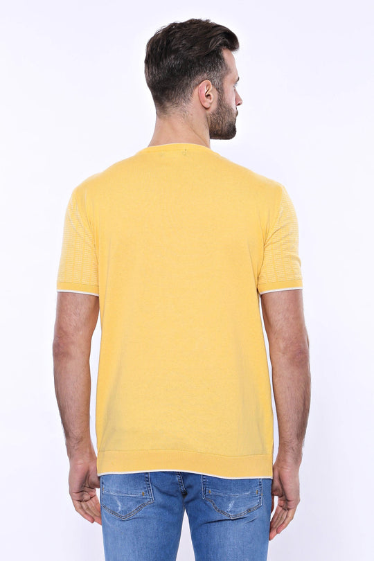 Slim Fit Mustard Yellow Patterned Crew Neck Knitted T-Shirt — Wessi