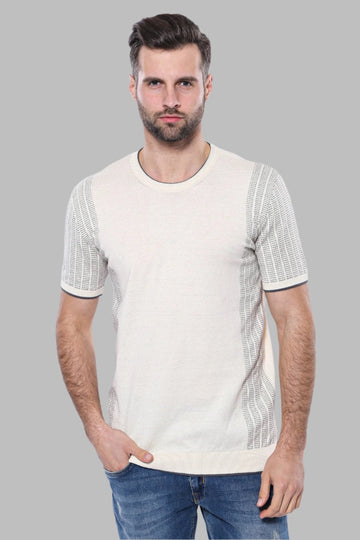 Crew Neck Patterned Knitted T-Shirt in Cream | Wessi