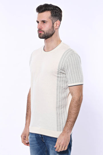 Crew Neck Patterned Knitted T-Shirt in Cream | Wessi