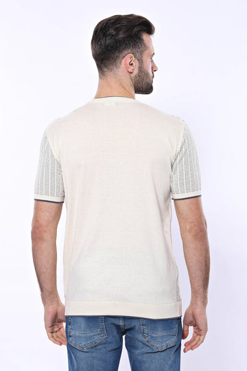 Crew Neck Patterned Knitted T-Shirt in Cream | Wessi