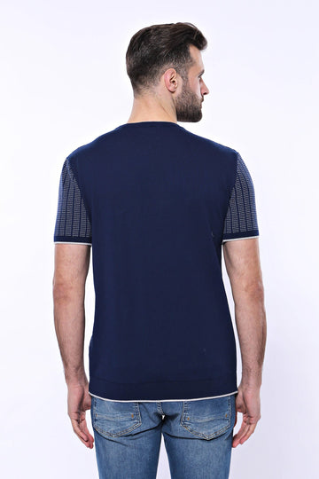 Crew Neck Patterned Knitted T-Shirt in Navy | Wessi