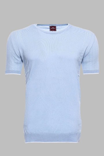 Slim Fit Blue Patterned Crew Neck Knitted T-Shirt — Wessi