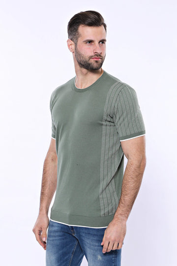 Men's Green Slim Fit Crew Neck Patterned Knitted T-Shirt | Wessi