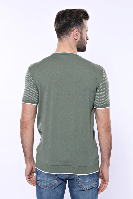 Men's Green Slim Fit Crew Neck Patterned Knitted T-Shirt | Wessi