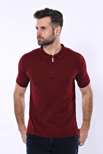 Slim Fit Claret Red Plain Knitted Polo Zip-Neck T-Shirt — Wessi