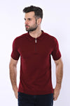 Slim Fit Claret Red Plain Knitted Polo Zip-Neck T-Shirt — Wessi
