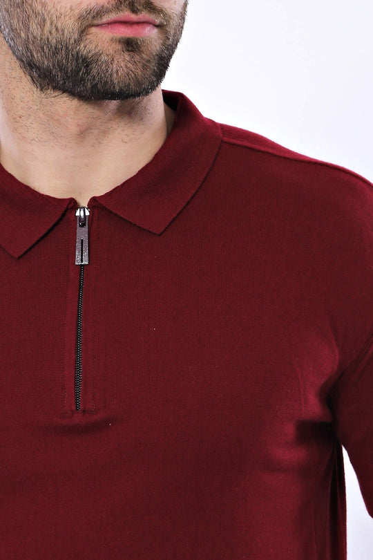Slim Fit Claret Red Plain Knitted Polo Zip-Neck T-Shirt — Wessi