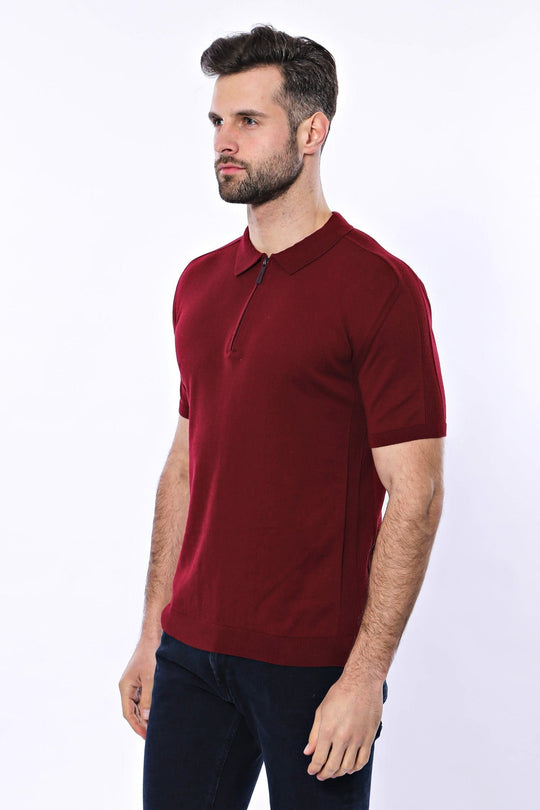 Slim Fit Claret Red Plain Knitted Polo Zip-Neck T-Shirt — Wessi