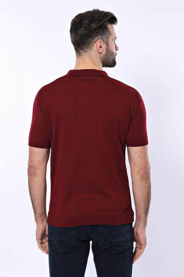 Slim Fit Claret Red Plain Knitted Polo Zip-Neck T-Shirt — Wessi