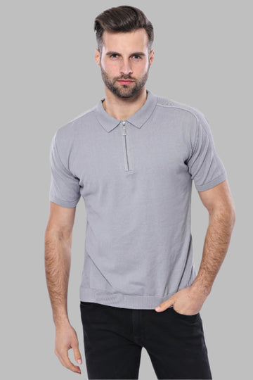 Slim Fit Grey Patterned Crew Neck Knitted T-Shirt — Wessi