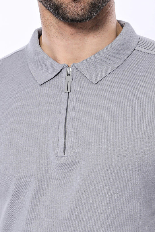 Slim Fit Grey Patterned Crew Neck Knitted T-Shirt — Wessi