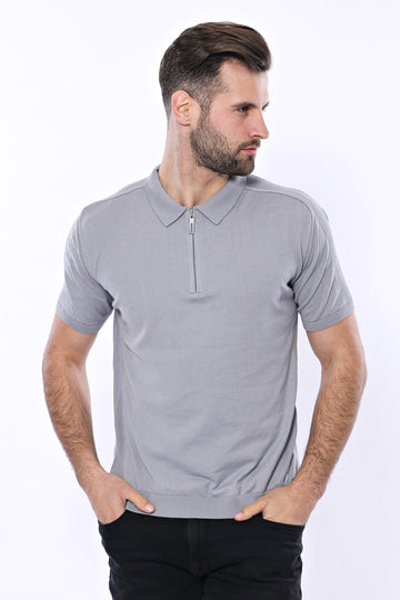 Slim Fit Grey Patterned Crew Neck Knitted T-Shirt — Wessi