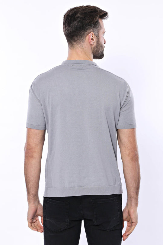 Slim Fit Grey Patterned Crew Neck Knitted T-Shirt — Wessi