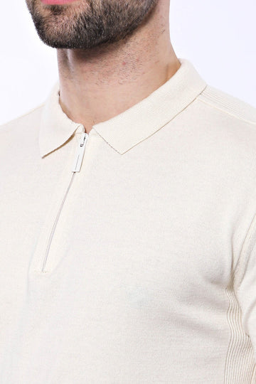 Polo Neck Plain Cream Knitted T-Shirt | Wessi