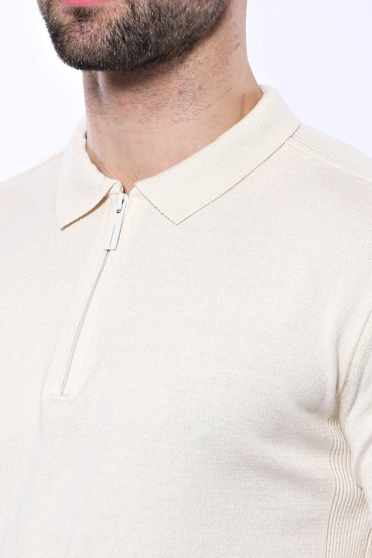 Polo Neck Plain Cream Knitted T-Shirt | Wessi