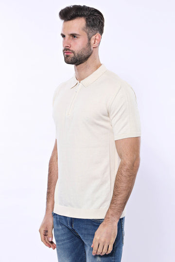 Polo Neck Plain Cream Knitted T-Shirt | Wessi