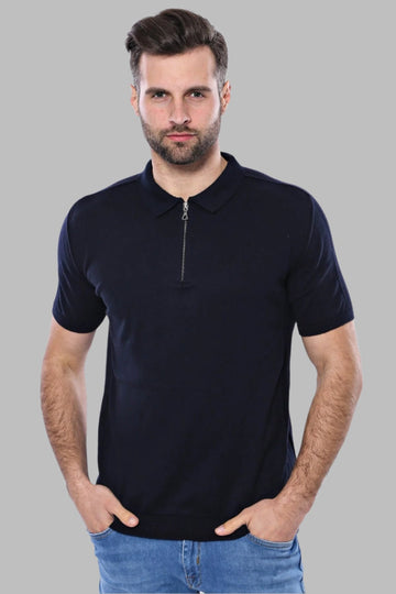 Polo Neck Plain Navy Blue Knitted T-Shirt | Wessi