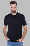 Polo Neck Plain Navy Blue Knitted T-Shirt | Wessi