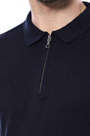 Polo Neck Plain Navy Blue Knitted T-Shirt | Wessi